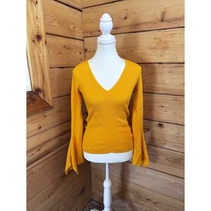 River Island Mustard Ribbed Bell Sleeve V-Neck Sweater Boho‎ Festival Top Large